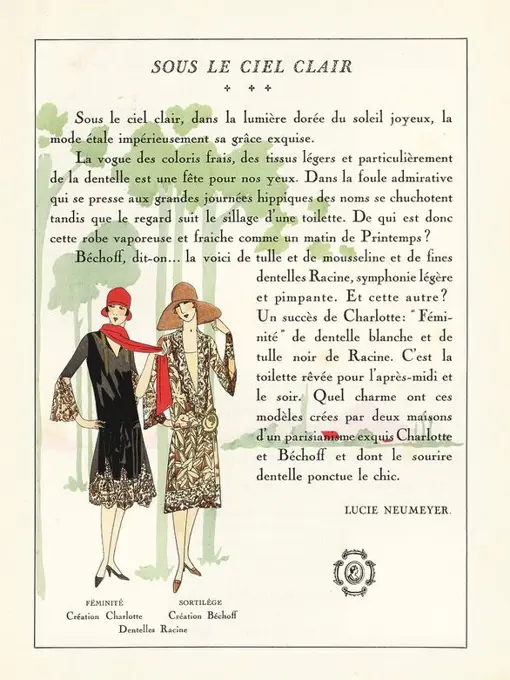 Women in afternoon dresses of tulle, muslin and lace. Lithograph with pochoir (stencil) handcolour from the luxury French fashion magazine "Art, Gout, Beaute," 1926.