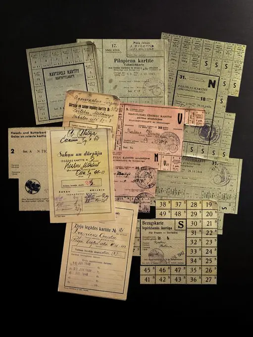 History. Latvia. Second Soviet occupation (1944-1991). Ration cards. Some dated 10.29.1944. Occupation Museum. Riga. Latvia.