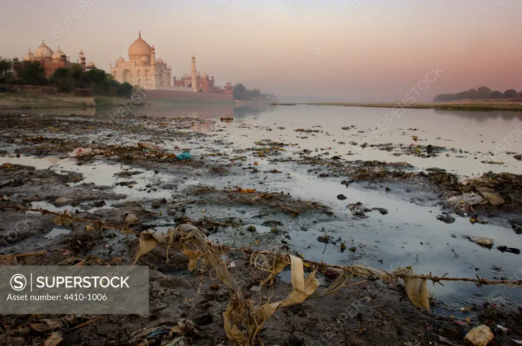 Rubbish collected on the banks of the Yamuna River next to the Taj Mahal, Agra, Uttar Pradesh, India