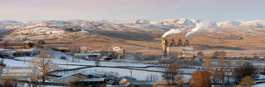 Shap Fell with eastern Lake District fells and CEMEX Cement Works and Limestone Crushing Plant, Cumbria, England