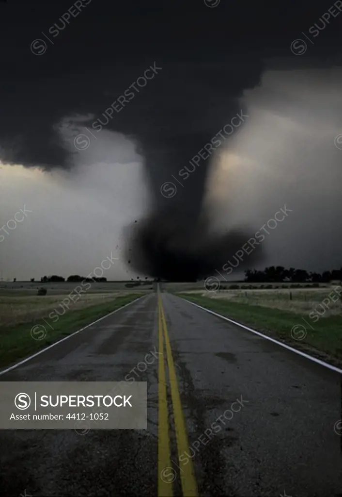 Violent EF5 tornado crossing highway in Texas, illustration