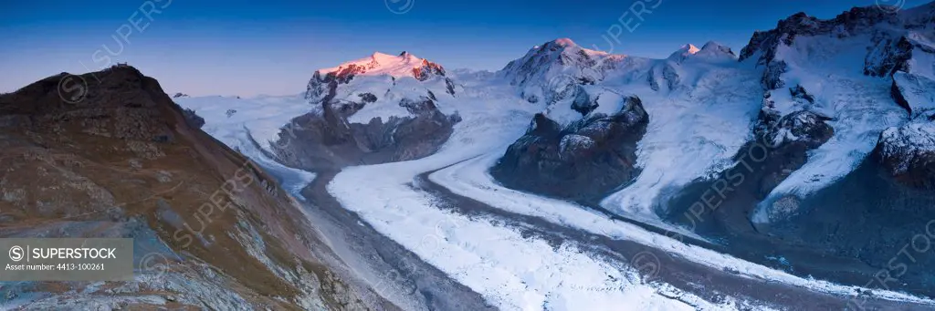 View at sunset of the Monte Rosa and the glacier of Gorner