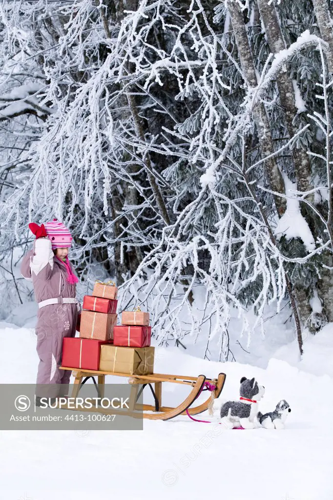 Small girl and presents on a sledge with stuffed toys