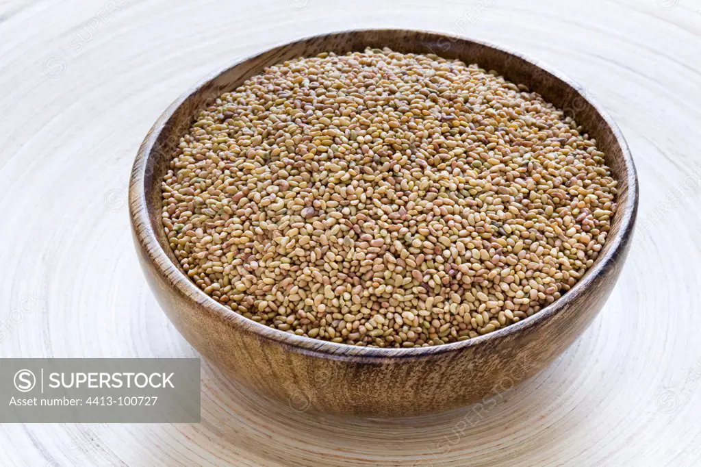 Alfalfa seeds in a wooden bowl