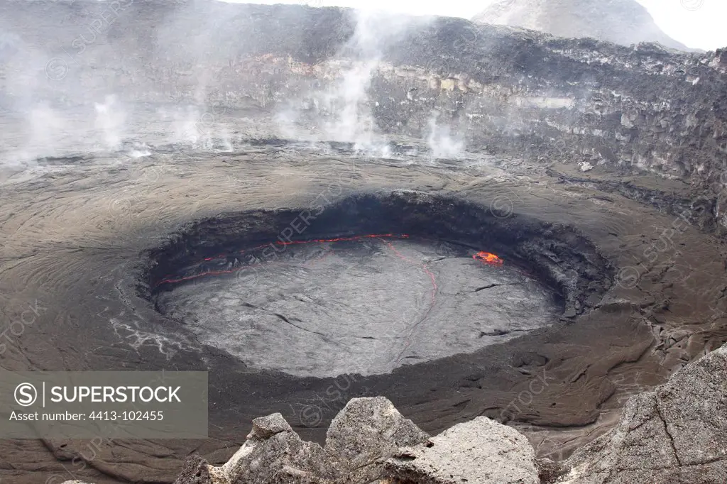 Lake of molten lava pit south of the volcano Erta Ale Ethiopia