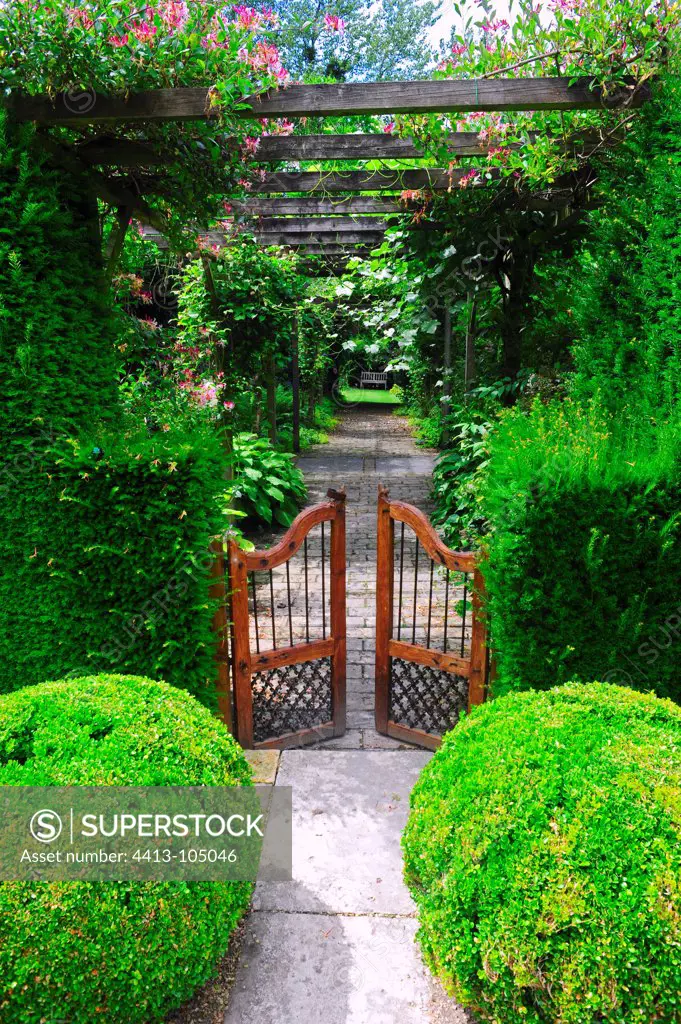 Garden entrance gate under a pergola