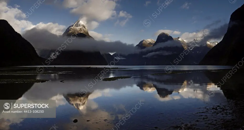 The fjord of Milford Sound in South Island after the storm