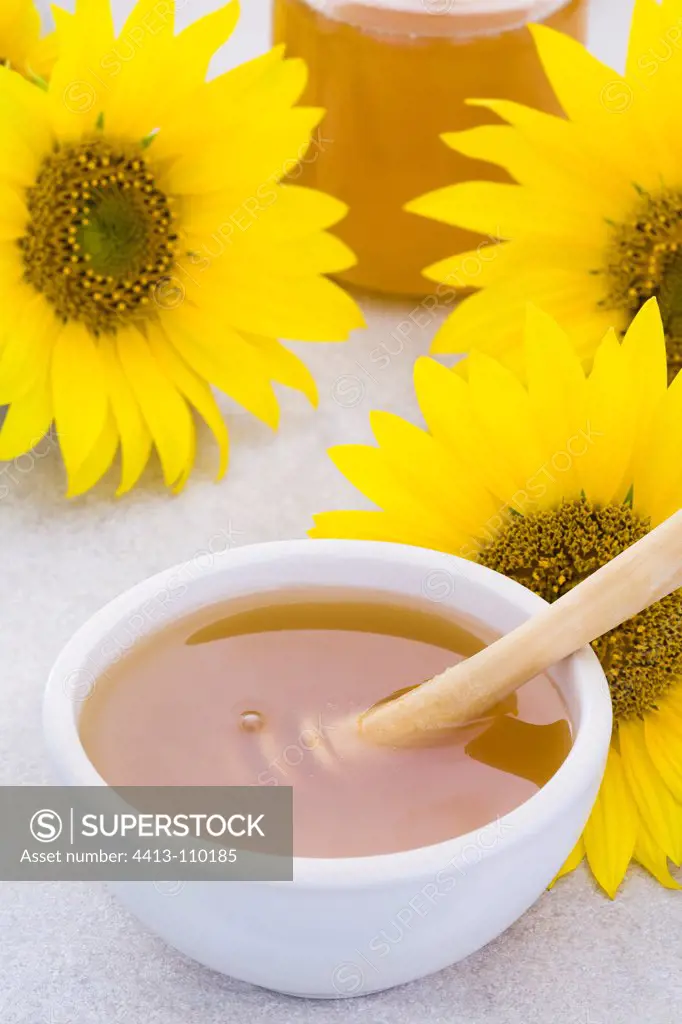 Honey Sunflower Bowl with flowers laid next