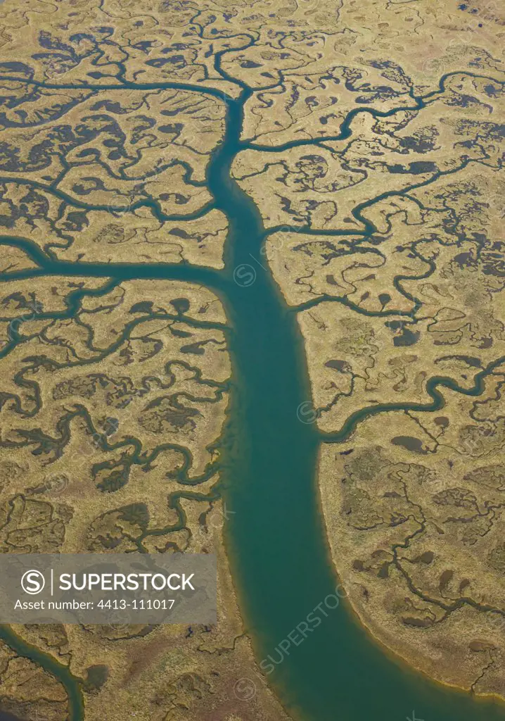 Aerial view of the marshes of Punta Umbria in Huelva Spain