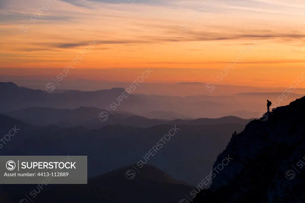 Hikers at sunset France the Vercors Plateau