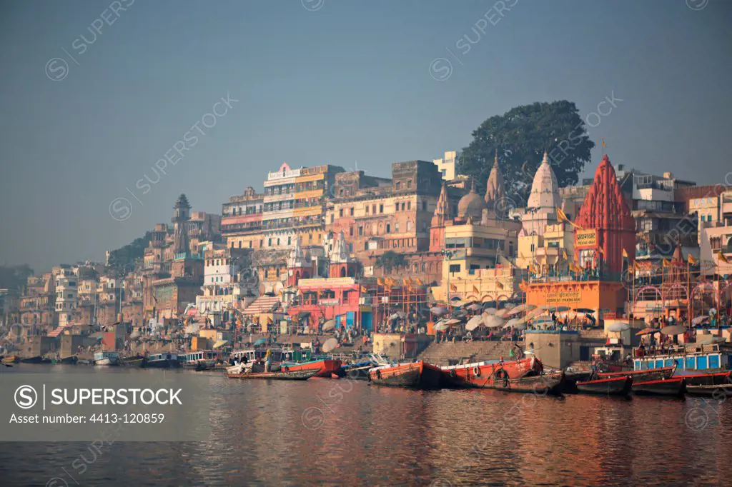 The Ganges bordered Ghats Varanasi India