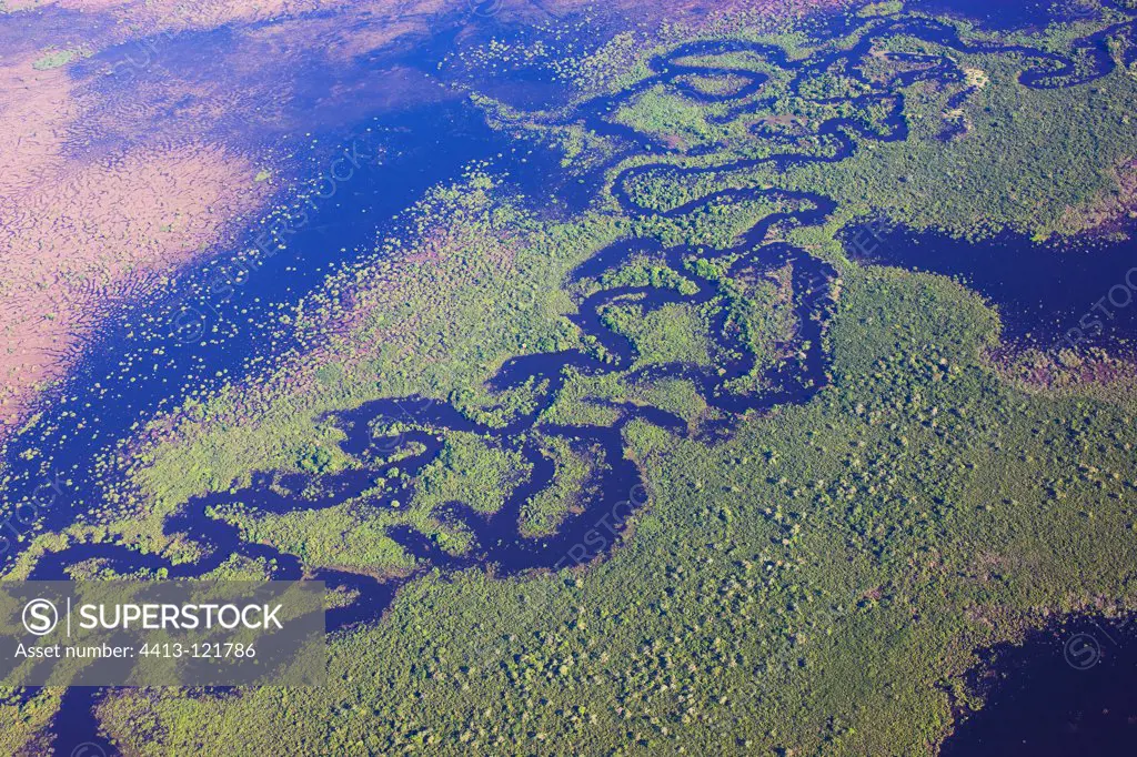 Aerial view of a small river winding through swamped forest