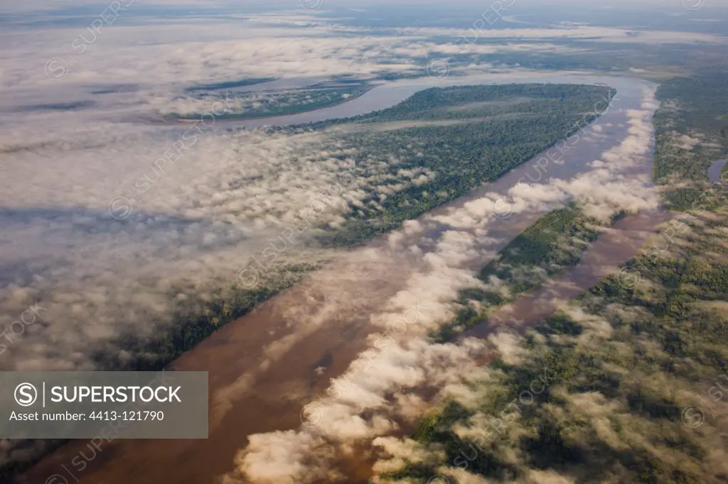 Aerial view of Madre de Dios River morning fog Bolivia