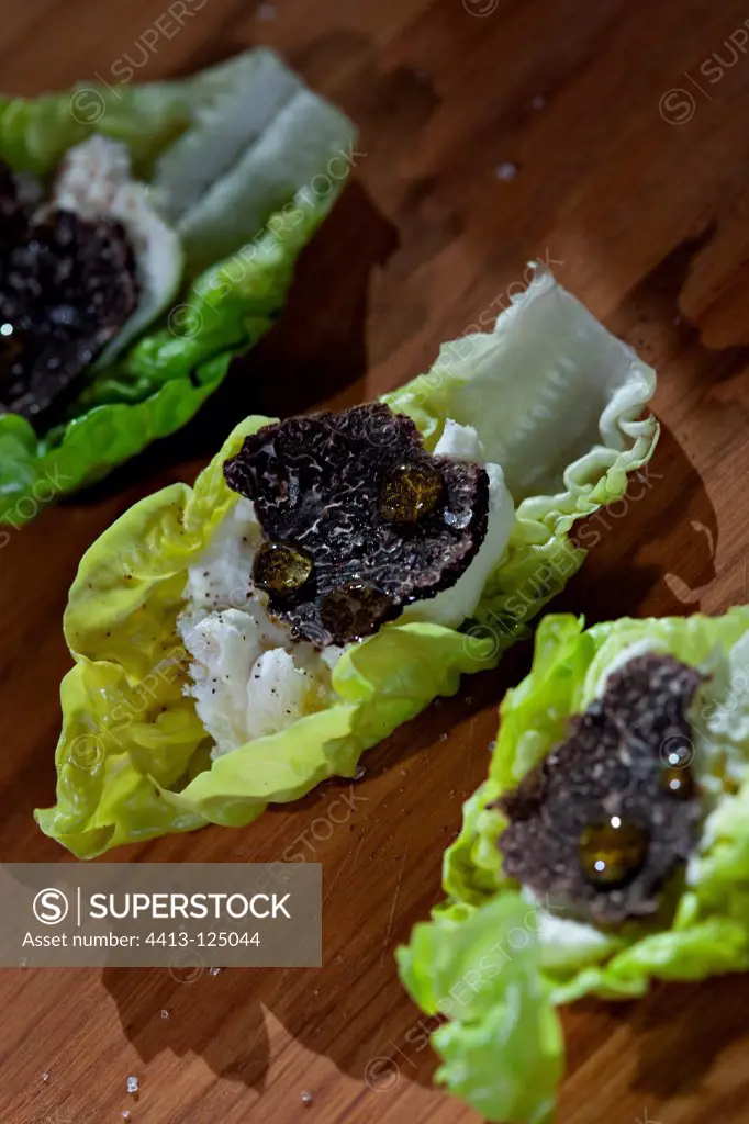 Lettuce and black truffle cut in thin slices with olive oil