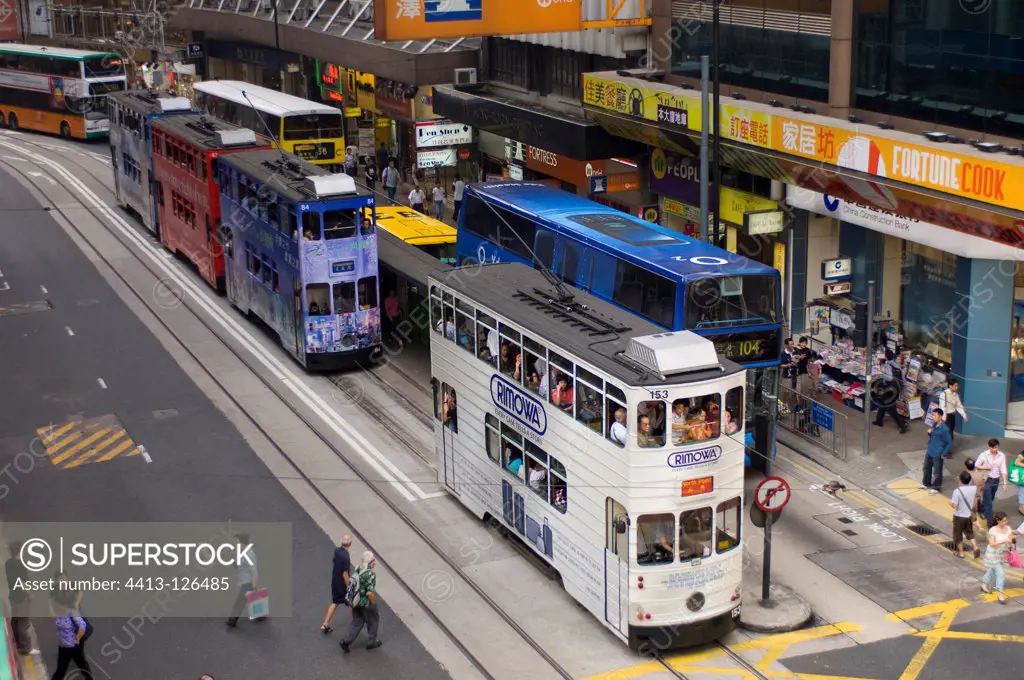 Buses on Des Voeux road Central district Hong Kong Chine