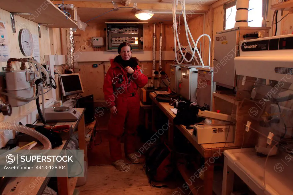 Researcher in the shelter of Glaciology Concordia Antarctic
