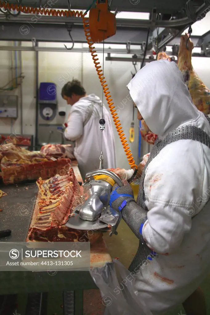 Man cutting meat with an electric sawFrance