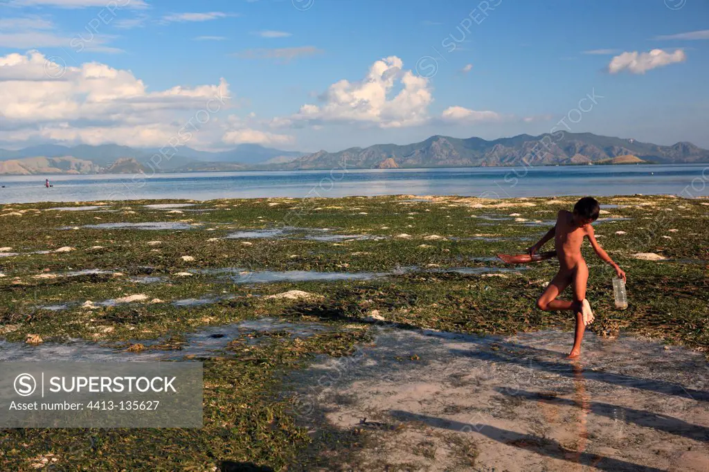 Boy playing at low tide Messah Pulau Flores Indonesia