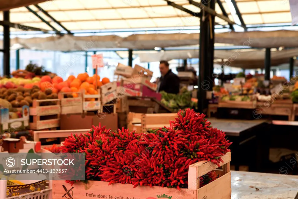 Chillies at a market in Venice Italy