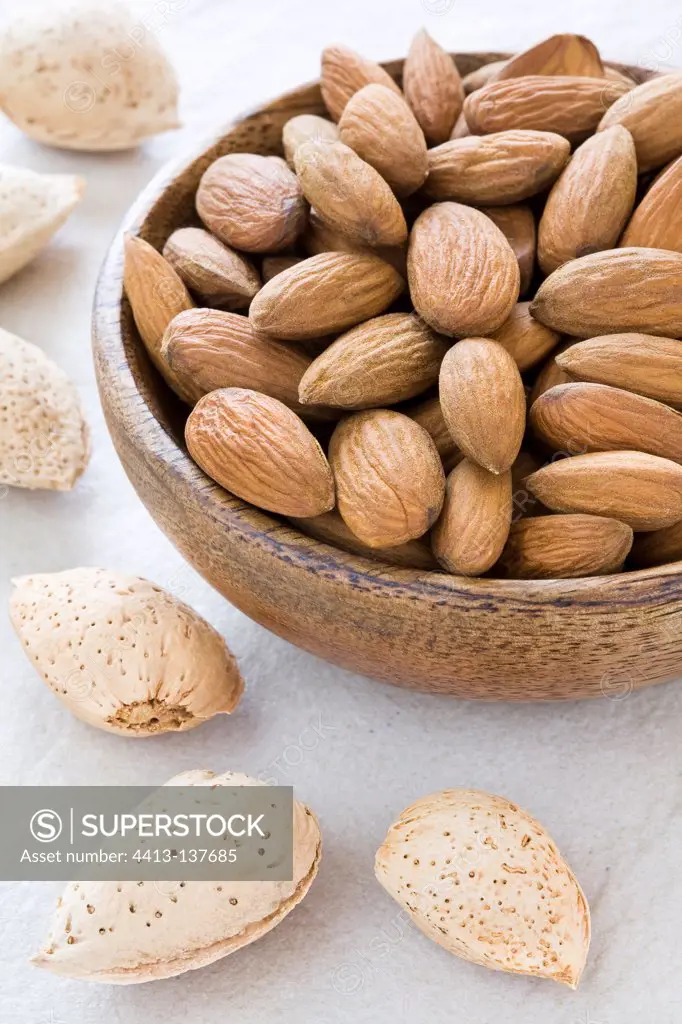 Almonds in a wooden bowl