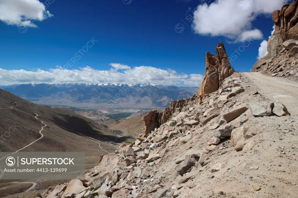 Road connecting Leh to Khardung La Ladakh Himalayas India