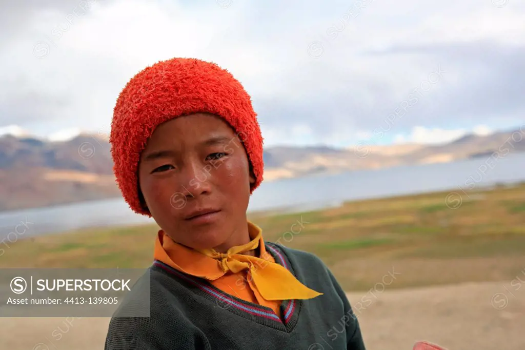 Portrait of a schoolboy Lake Tso Moriri Ladakh Himalayas India
