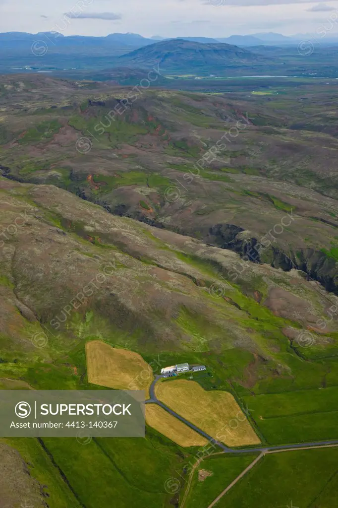 Aerial view of a farm in a volcanic landscape Iceland