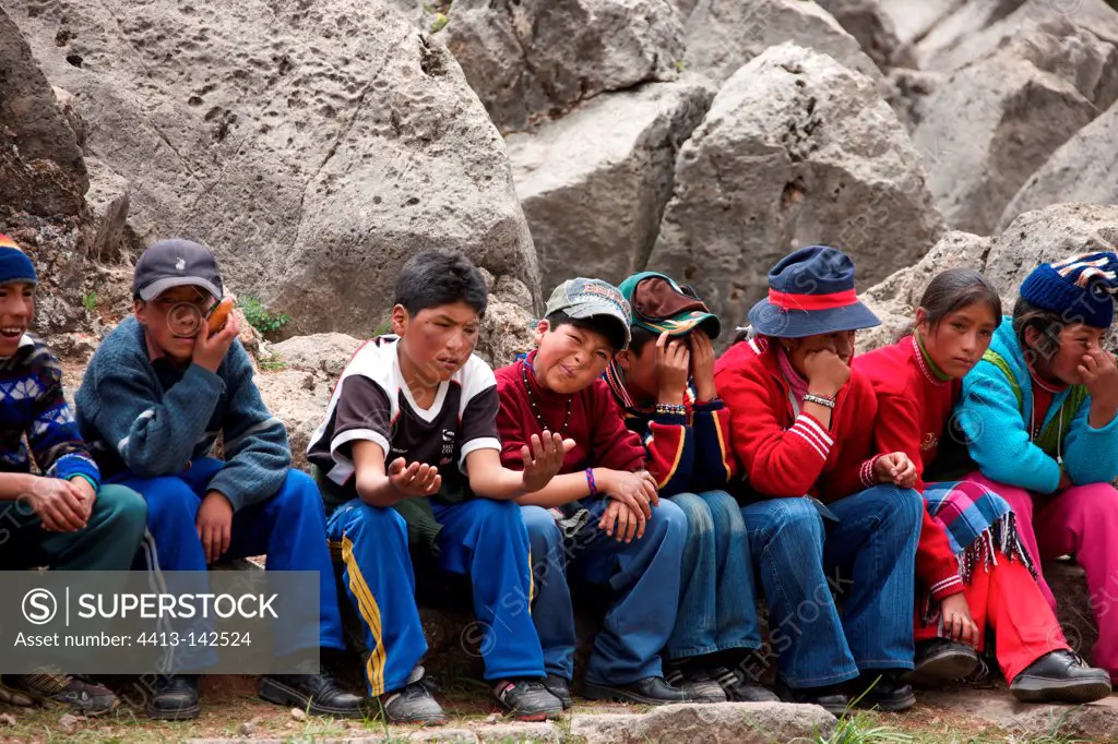 Cusco schoolchildren in Sacsayhuaman Andes Peru