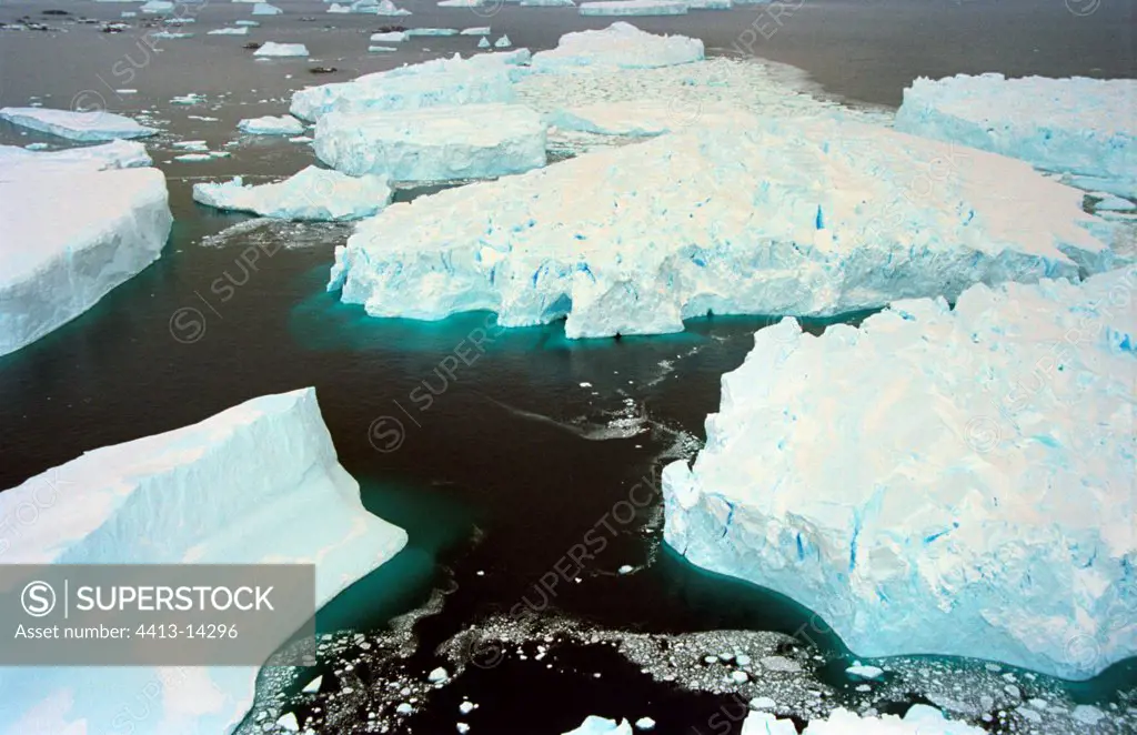 Icebergs fallen from a glacier in the sea in Antarctic