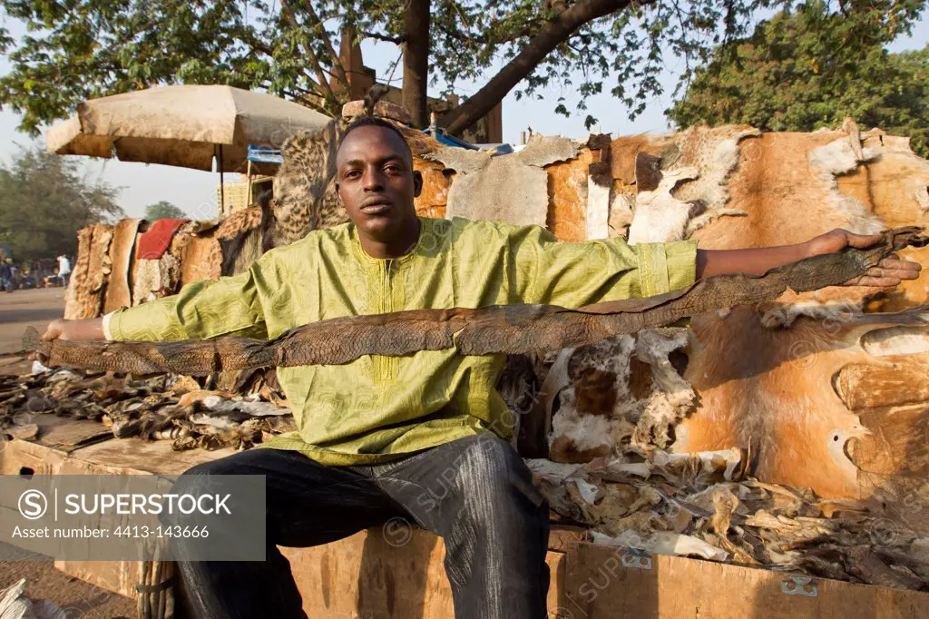 Man and snake skin in front of a stall Bamako Mali