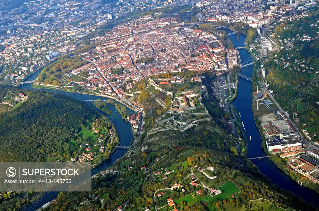 Aerial view of Besançon in the loop of the Doubs France