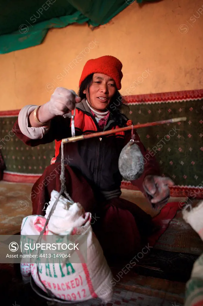 Zanskari woman weighing toasted barley flourIndia