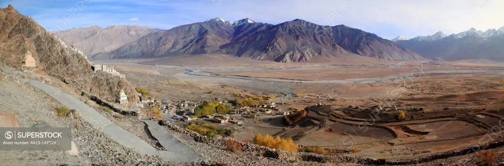 Village and fields Karcha in Ladakh in India