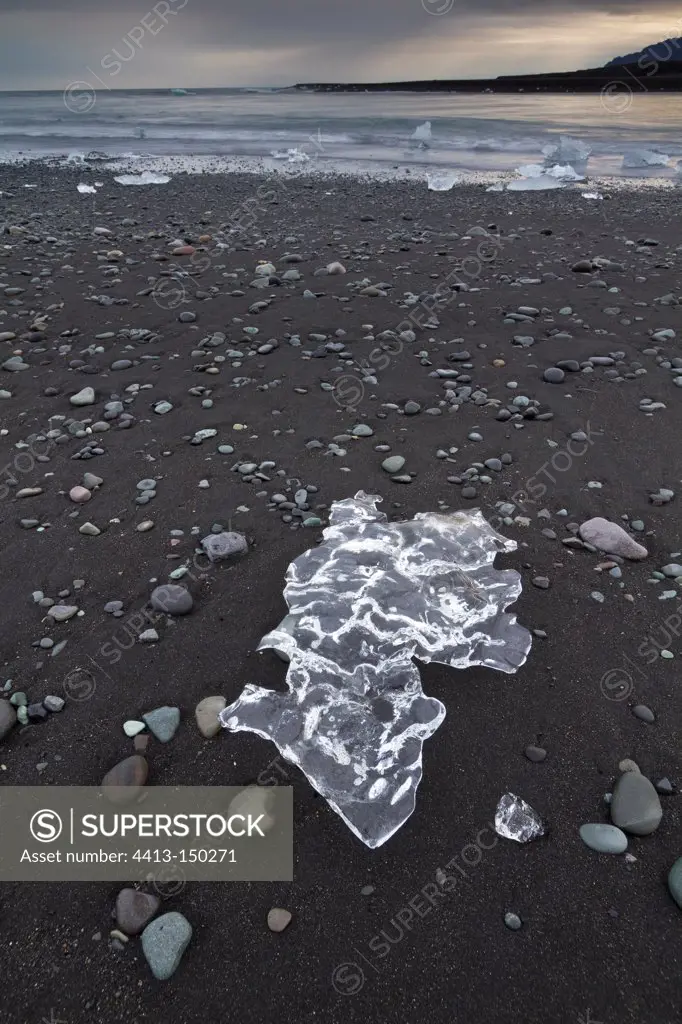 Ice of Lake Jökulsárlón stranded on a beach Iceland