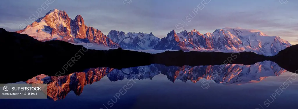 Chéserys lakes and Mont Blanc at sunsetAlps France