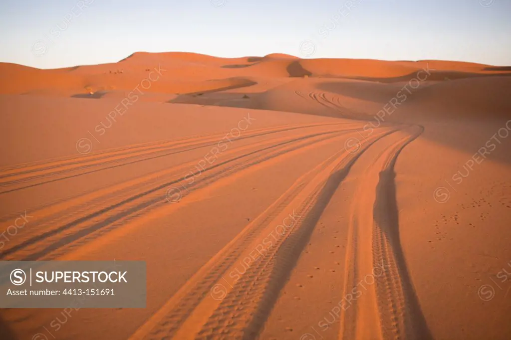 Traces of jeep in the dunes of Merzouga Morocco