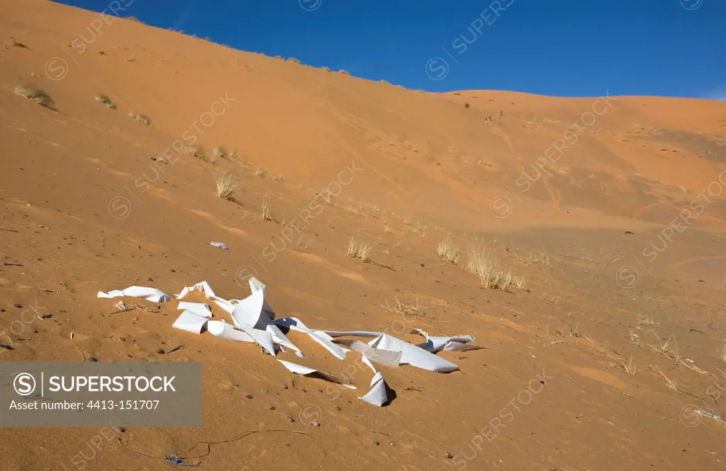Plastic waste in the dunes of Merzouga in Morocco