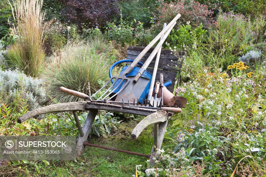 Garden tools in a wooden wheelbarrow France