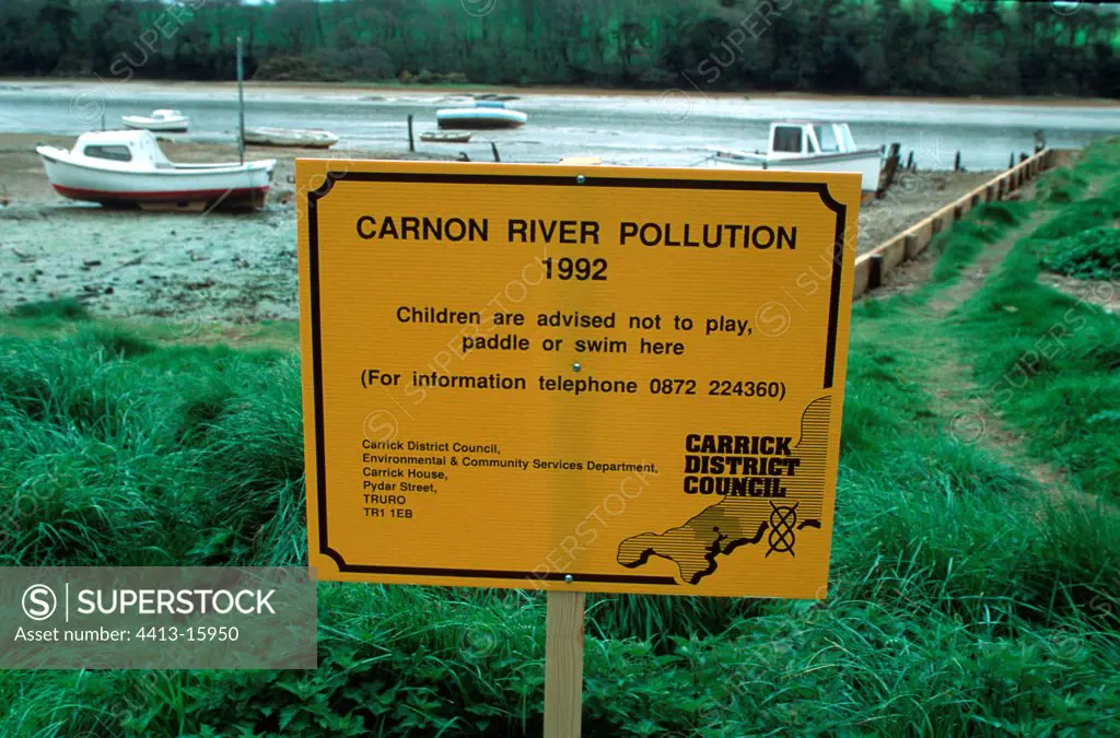 Warning notice of river pollution by tin & cadmium Cornwall