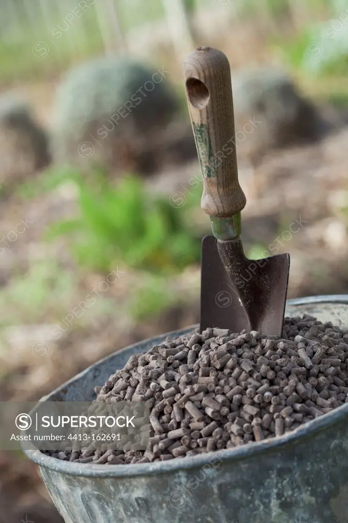 Fertilizer granules and dibble in a bucket France