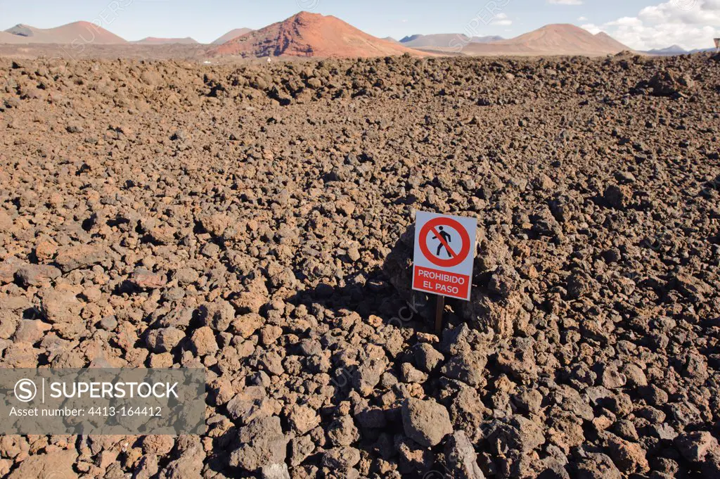 No trespassing sign on Timanfaya NP Lanzarote Canary Islands