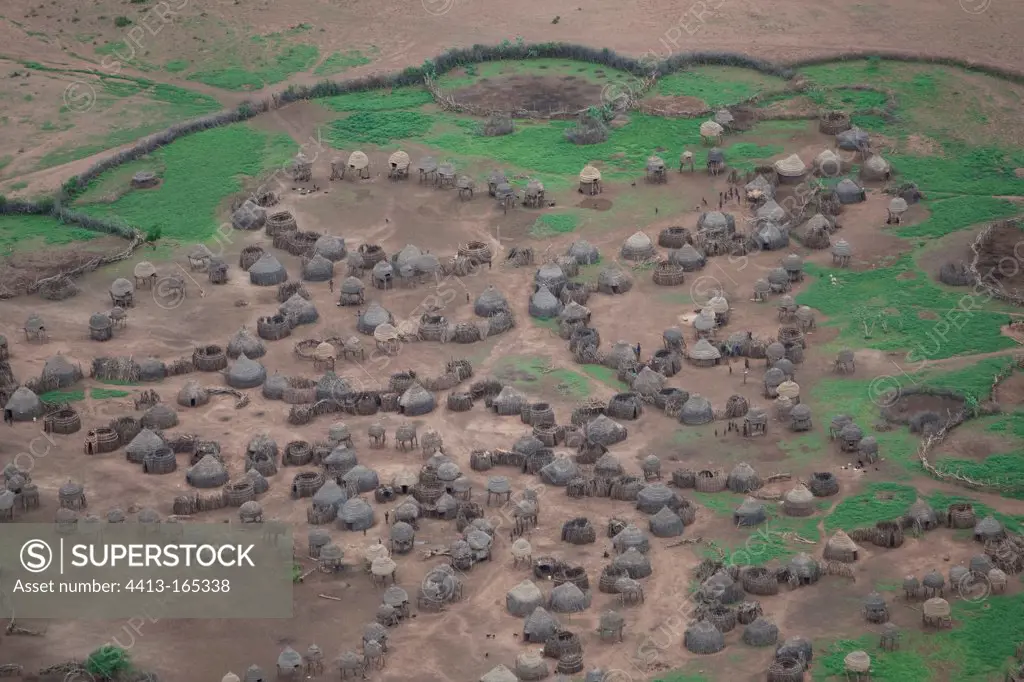 Aerial view of Toposa villages in southern Sudan