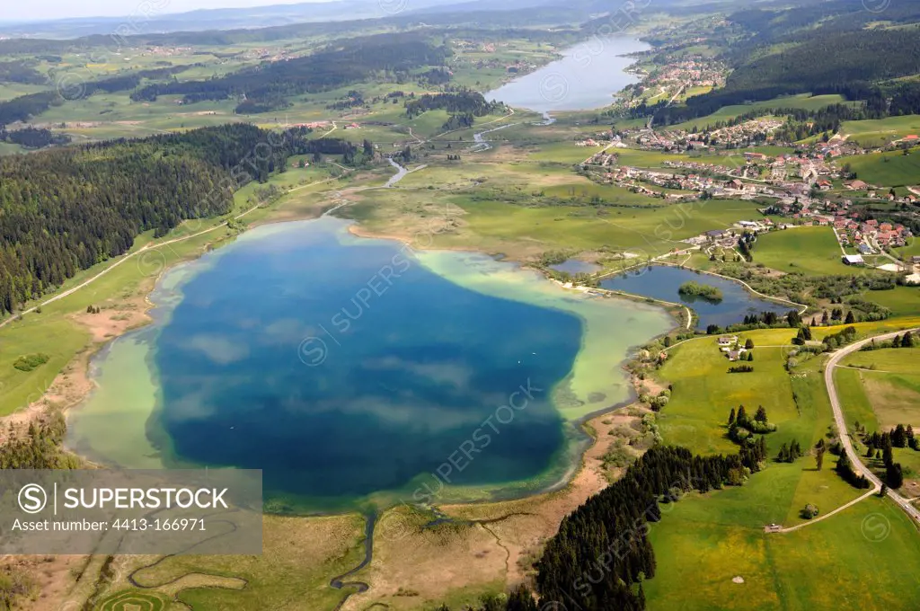 Aerial view of Remoray and Saint-Point lakes France