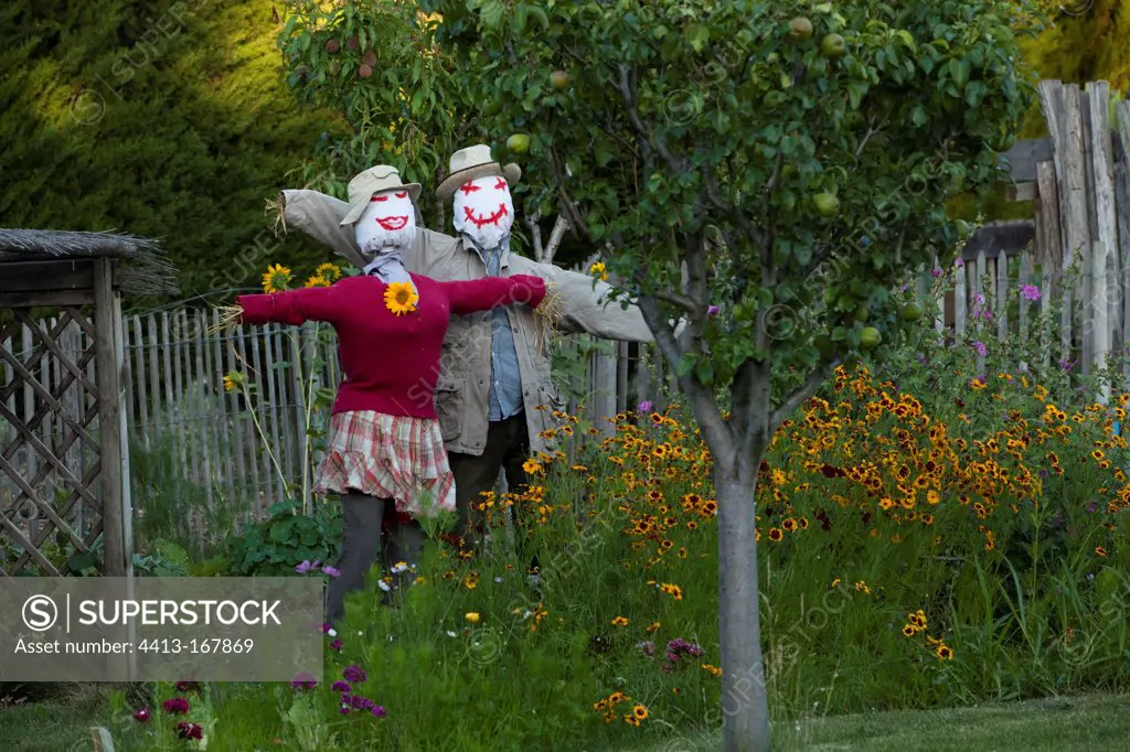 Scarecrows in a flowered garden
