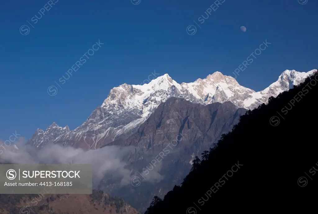 Manaslu summit of Annapurna in Nepal moonrise