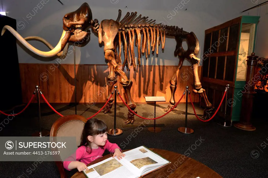 Girl with Woolly Mammoth skeleton of Lyakhovisland