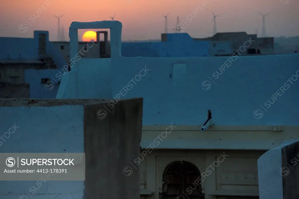 Roof scape and sunset Rajasthan India
