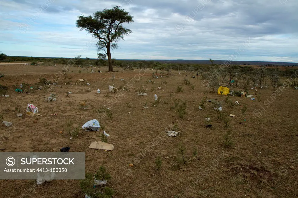 Plastic waste in the savannah Masai Mara Kenya