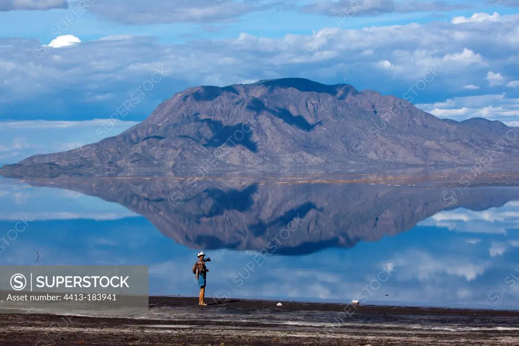 Photographer at Lake Natron Rift Valley and Volcano