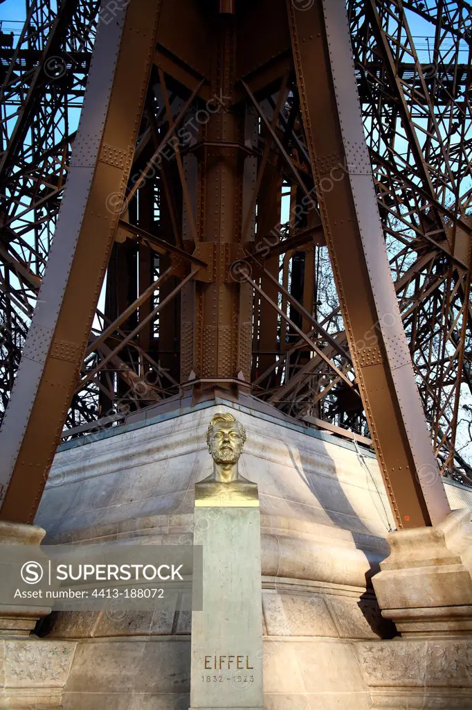 Bust of Gustave Eiffel at the foot of the Eiffel Tower Paris
